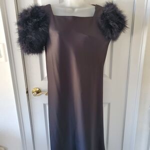 Black Midi Dress with Feather Puff Sleeves